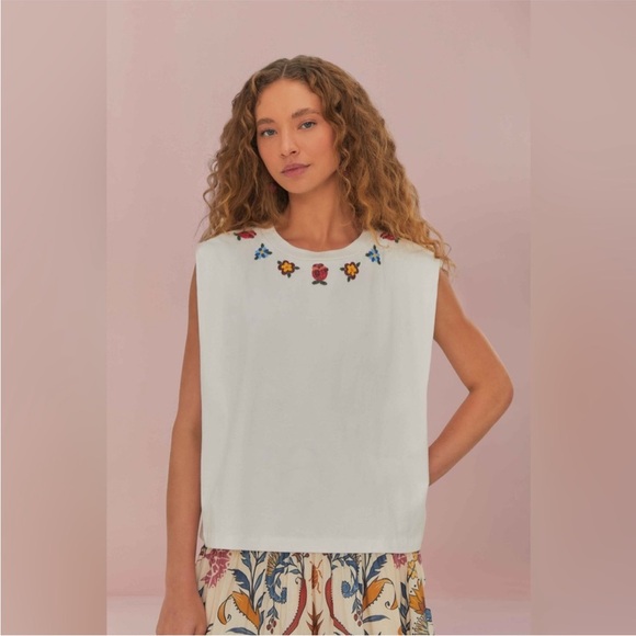 NW Anthropologie x Farm Rio Beaded Flowers Muscle Tee - white combo - medium - Picture 5 of 5